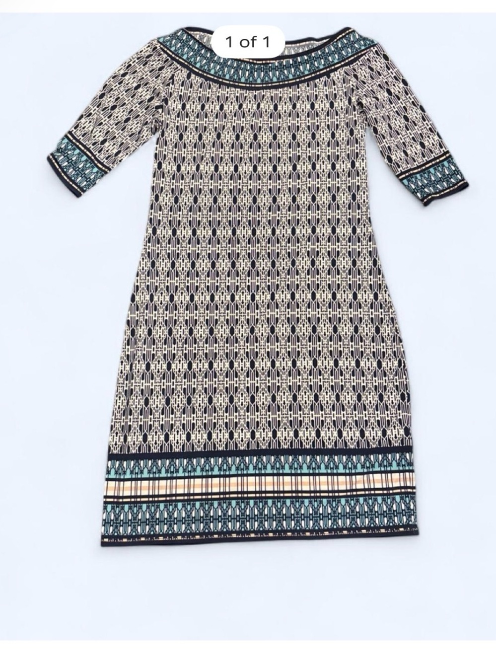 Max Studio Cream and Navy Patterned Knit Dress with Teal Accents